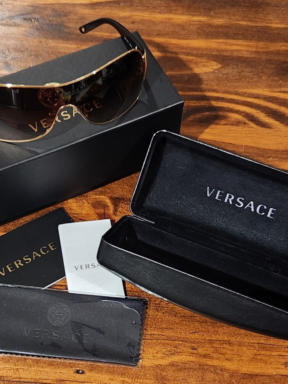 Versace VE2101 Gold Shield Sunglasses with Case & Box Set Authentic